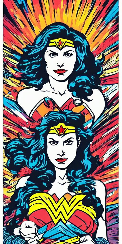 Colorful!!!!! MCBESS POSTER, Wonder Woman Saving the Earth. change Wonder Woman to a muscle-bound barbarian