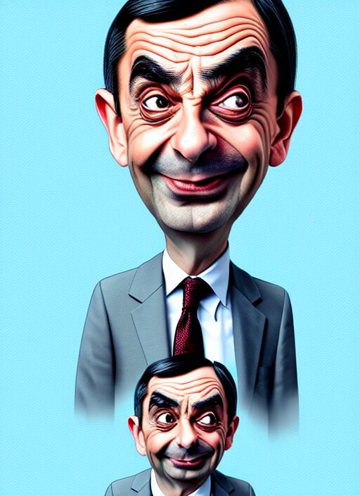 highly detailed caricature portrait of mr bean by ross tran, by anato finnstark, brush strokes, 4 k resolution, light blue pastel background