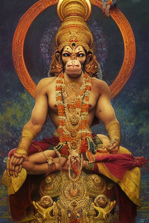 a full body portrait of a beautiful ornated hanuman god, arms pointing up!!!, meditative sacral pose, hindu stages of meditation, intricate, elegant, highly detailed, digital painting, artstation, concept art, smooth, sharp focus, illustration, art by david michael and alphonse mucha. by david michael