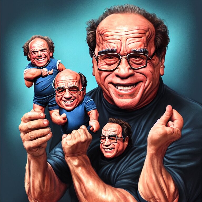 Portrait of danny devito holding a miniature arnold schwarzenegger gently in his hands, highly detailed, concept art, illustration, cinematic, artstation, digital painting, mystical, zen