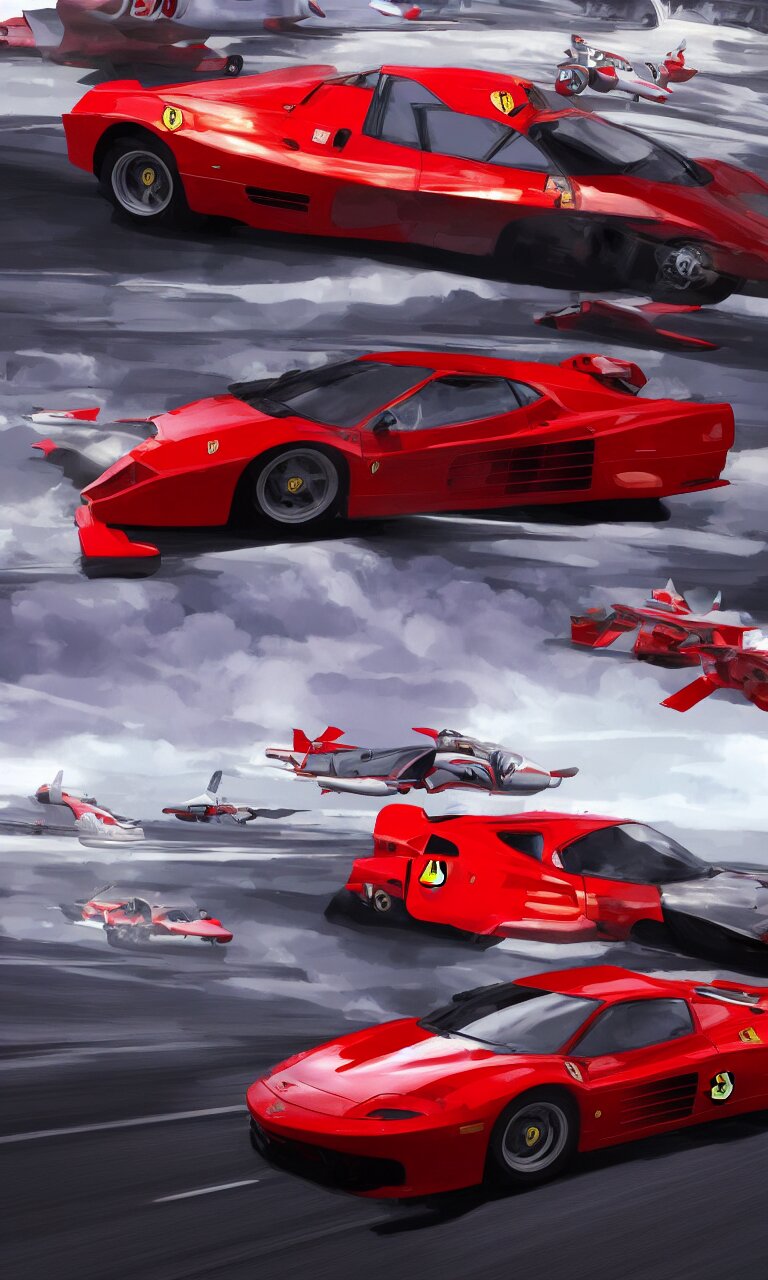 a ferrari testarossa speeding over 3 0 0 mph coming in our direction under the avengers plane on a straight road in le cap - ferret, global illumination lighting artstation. have the Ferrari crash into a tree