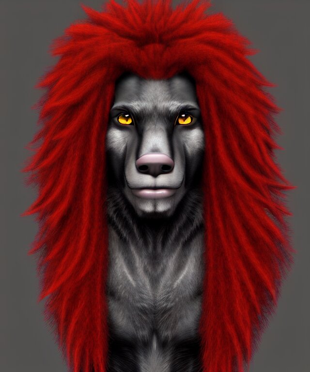 award-winning portrait of a anthropomorphic black male wolf with black fur, yellow eyes, and realistic hair. make the fur black, add a third eye in the center of the forehead and make the hair realistic