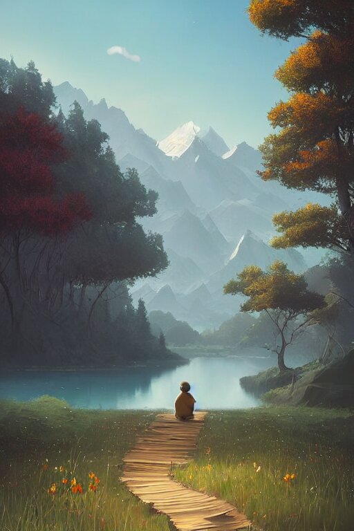 beautiful matte painting by goro fujita concept empty world art fantasy path mountains and meadow in the background near a lake reflecting the trees, atmospheric lighting, painted, intricate, volumetric lighting, beautiful, rich deep colors masterpiece, sharp focus, ultra detailed by adding a boat. Add a boat