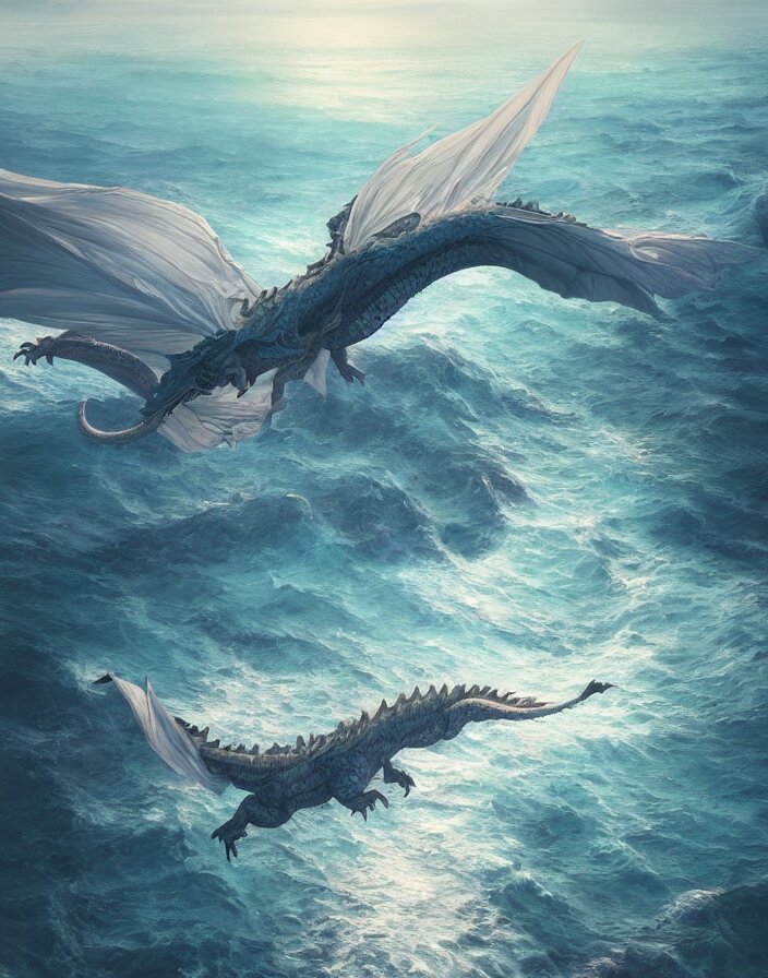 painting of dragon flying above a vast ocean, intricate abstract. delicate artwork. by Tooth Wu, wlop, beeple, dan mumford. octane render, trending on artstation, greg rutkowski very coherent symmetrical artwork. cinematic, hyper realism, high detail, octane render, 8k, depth of field, bokeh. chrome accents.