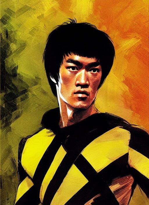 bruce lee as a yellow and black stripes luxurious power ranger by greg rutkowski, claude monet, conrad roset, takato yomamoto, rule of thirds, sigma look, beautiful make the background a sunset or a dark blue sky