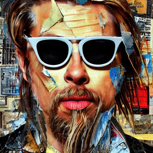 detailed analogue mixed media collage with canvas texture in style of contemporary art, punk art, hyperrealistic 3 9 - year - old french bearded long - haired yoga punk singer wearing sunglasses, commercial model and actor. looks kind of like brad pitt. photorealistic, expressionism, masterpiece, perfect composition, spectacular quality, intricate oil details, vivid broken glass, torn paper, magazine pages 