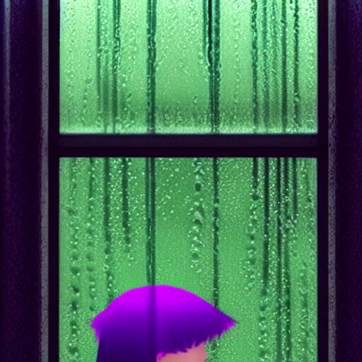 Raindrops on a pane of glass, green and purple hair, cyberpunk, night, photorealistic, nighttime, lots of raindrops on glass, cyberpunk, rain!!!, rainy, showers, city light reflections, cyberpunk. Add a cyber punk with a Mohawk haircut and Alien-like face to the scene.