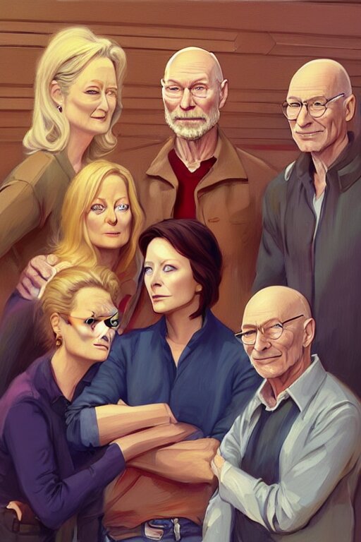 merryl streep, jodie foster, patrick stewart and david bowie 1 9 7 3 working in a winery, animation pixar style, by magali villeneuve, artgerm, jeremy lipkin and michael garmash, rob rey and kentaro miura style, golden ratio, trending on art station