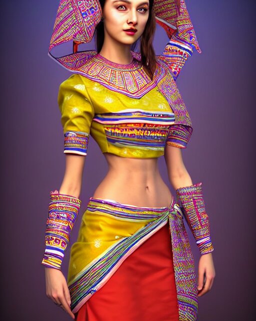 A Beautiful Cute Girl Wearing Modern Stylish Costume in the Style of Assamese Bihu Mekhela Sador Gamosa Design, Commercial Fashion Design Art by Victor Nizovtsev and Josephine Wall, Face by Artgerm and Daz3d Genesis Irisay, Cinematic Lighting, Medium Shot, Mid-Shot, Slim Female Figure Ramp Walk Model. a beautiful cute girl wearing modern stylish costume in the style of Assamese bihu mekhela sador gamosa design, commercial fashion design art by Victor Nizovtsev and Josephine Wall, face by artgerm and daz3d genesis iray, cinematic lighting, medium shot, mid-shot, slim female figure ramp walk model pose, highly detailed, trending on Artstation, Unreal Engine 4k, cinema 4d ray trace