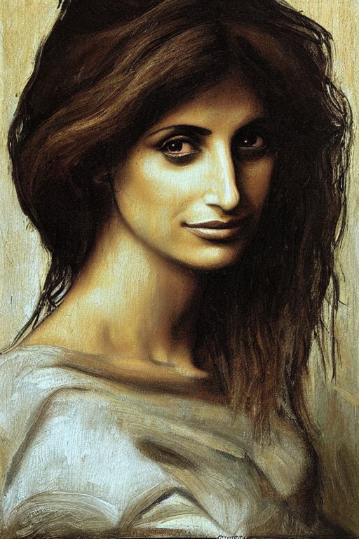 oil painting, portrait of penelope cruz, artwork by leonardo da vinci. Add a shirtless Leonardo to make it even more beautiful. make a more beautful and shirtless