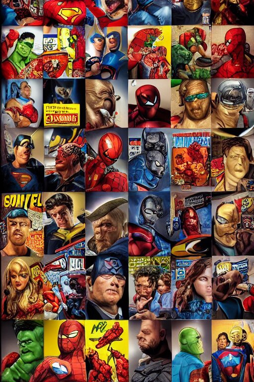 Super Heroes buying groceries, Hyperrealism, Headshot, Symmetrical face, Comical, Caricature, Rembrandt Lighting, Film Grain, Portrait, Marvel Comics, Marvel Comic Book Characters, intricate details, 4k detail post processing, ultra detailed, cinematic. insert average looking people in the photos