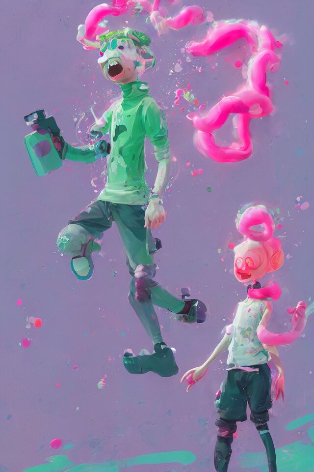 a beautiful fullbody portrait of a cute happy splatoon boy with pink hair and green eyes wearing sports clothing tight leggings. character design by cory loftis, fenghua zhong, ryohei hase, ismail inceoglu and ruan jia. artstation, volumetric light, detailed, photorealistic, fantasy, rendered in octane