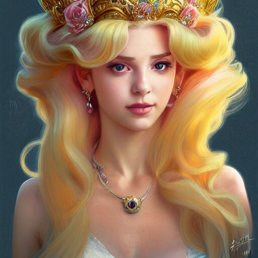 Princess Peach with a Crown from the Mushroom Kingdom - Altered Illustration by Artgerm and Greg Rutkowski and Alphonse Mucha. Add a crown, change the color to pink, and add sparkles