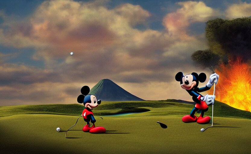 Mickey Mouse Golfing on a Volcanic Field, realistic, photography, detailed. add a volcano in the background