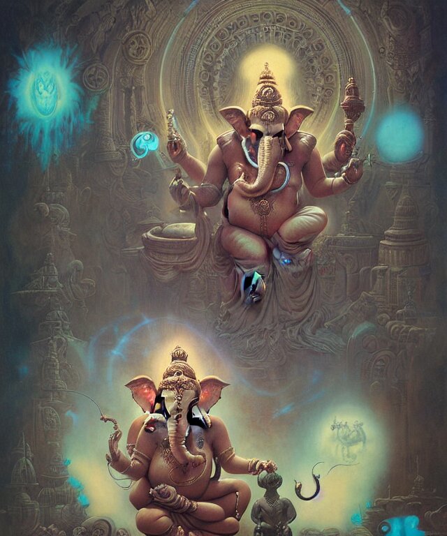 Add some futuristic technicolor holographic displays to ganesha, to bring him into the 21st century!. Add some technicolor