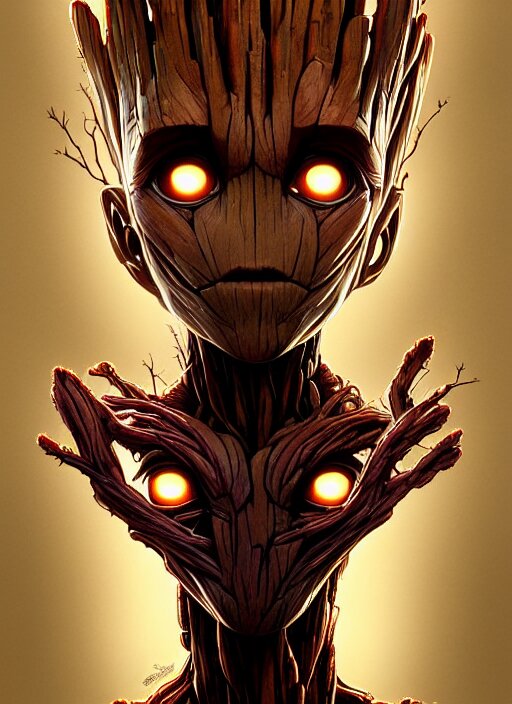symmetry!! portrait of groot, intricate, elegant, highly detailed, digital painting, artstation, concept art, smooth, sharp focus, illustration, art by artgerm and greg rutkowski and alphonse mucha 