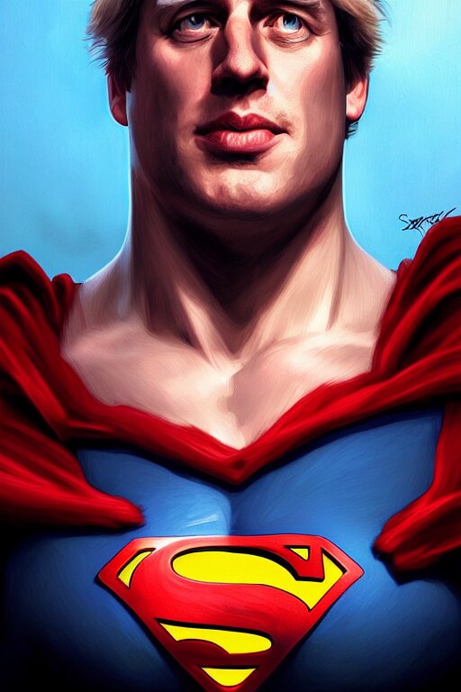 Boris Johnson as Superman by Zack Snyder, realistic portrait, symmetrical, highly detailed, digital painting, artstation, concept art, smooth, sharp focus, illustration, cinematic lighting, art by artgerm and greg rutkowski and alphonse mucha