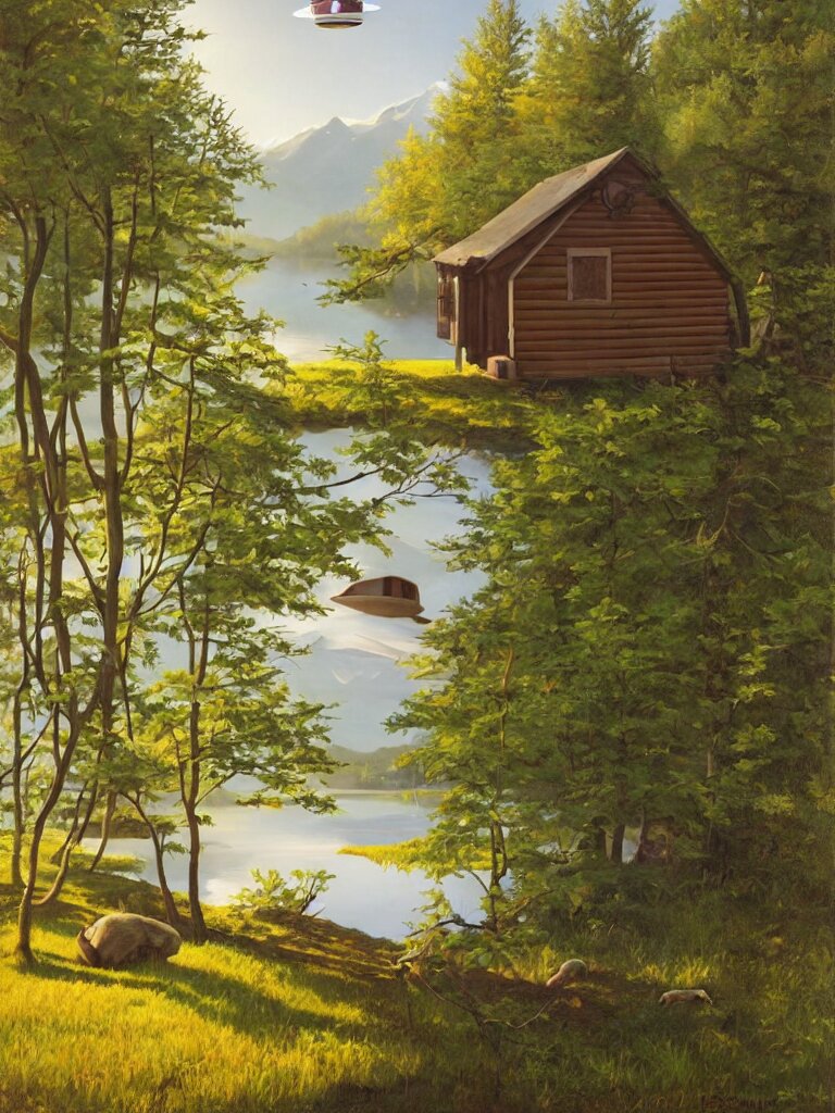 an old wooden hikers shack in the woods next to a beautiful medium sized lake, early morning light, spring, ufo hovering in the sky retracting a cow from a field with an anti gravity beam, painting by kenton nelson