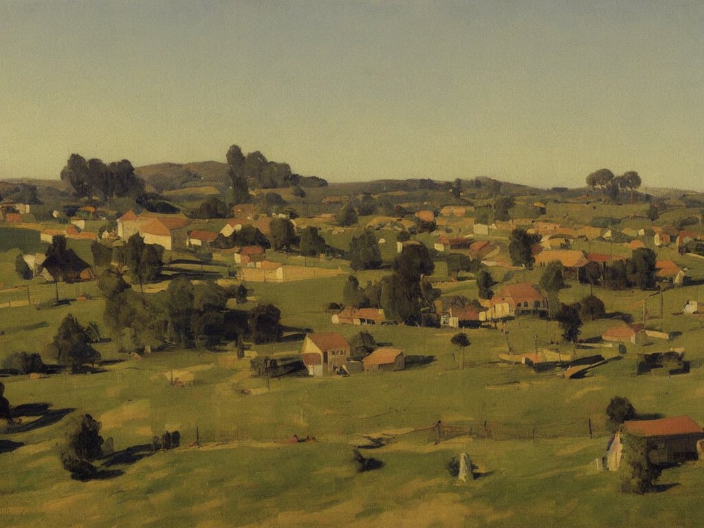 a painting of a suburban California town by Peter Ilsted. a painting of california suburb by peter ilsted