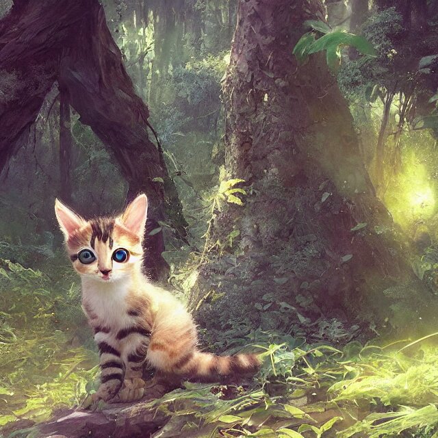 A cat sitting on the green forest 