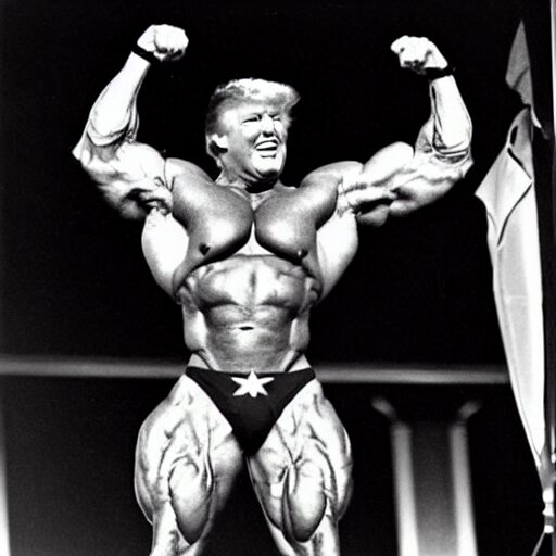 Donald Trump competing in Mr. Olympia. Huge muscular steroid body