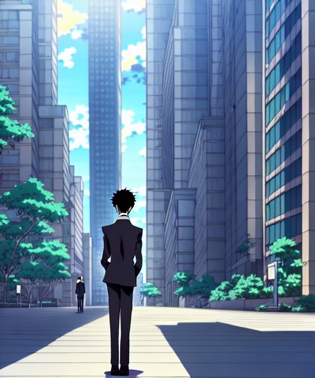 A anime about a short-haired office solo worker standing on the sidewalk. Sharp high quality anime cover, fine details, straight lines, perfect faces, architecture in the background, masterpiece, shadows, art, highly detailed