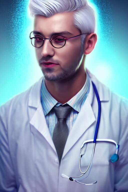 character design, a handsome doctor with silver hair and a mixed face, blurred environment background, colorful magic effects, white skin, portrait, male, clothed, sharp focus, digital art, concept art, trending on artstation, dynamic lighting, by emylie boivin and rossdraws