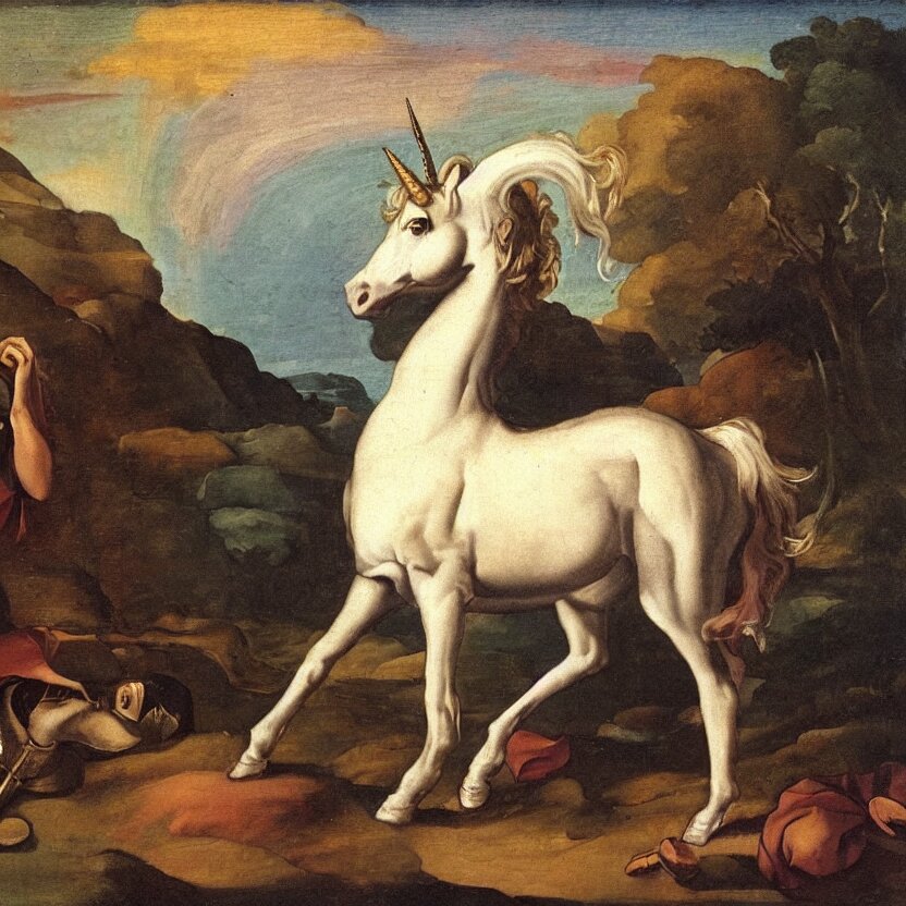 A unicorn walking on a rainbow, in the style of Caravaggia, with different colors representing different emotions. change the colors to represent different emotions.