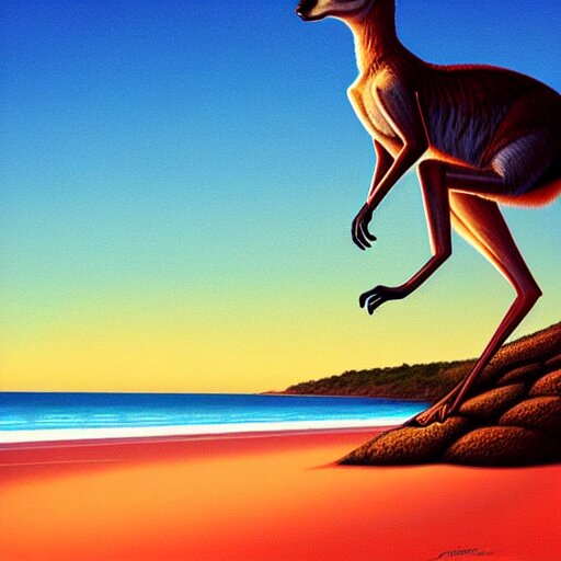a kangaroo in a beach in australia, at sunset, hyperdetailed, in the style of artgerm, deviantart, figurative art, deviantart, ilya kuvshinov, lovecraftian 