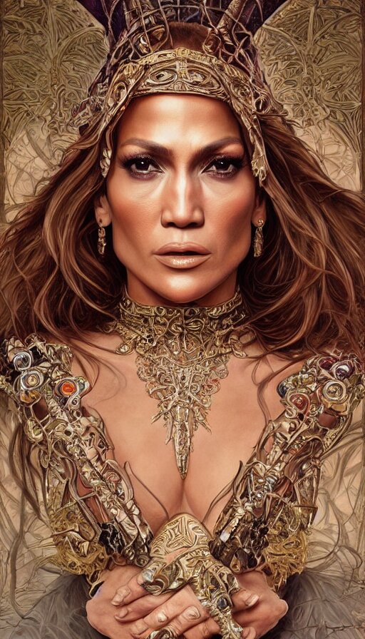 jennifer lopez as a fashionable witch, passionate, sweaty, intricate dressed in ornate designer garments and bling, lovely, intricate, highly detailed, digital painting, artstation, symmetrical, concept art, smooth, sharp focus, illustration, unreal engine 5, 8 k, art by artgerm and greg rutkowski and alphonse mucha