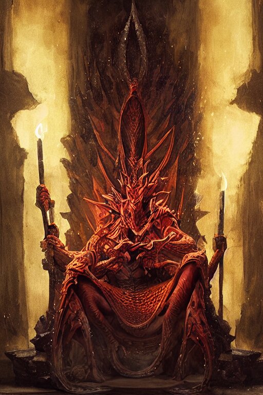 0 a dragon king sits on a throne by greg rutkowski magic realism hyper realistic 2 0 0 mm lens candlelight 