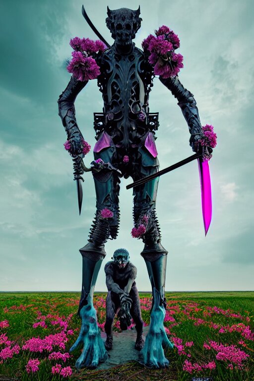 hyperrealistic neo - gothic giant human gargoyle hybrid, exoskeleton armor, holding katana, field of pink flowers, highly detailed digital art masterpiece, vitaly bulgarov dramatic dark teal light, ground angle hd 8 k, sharp focus 