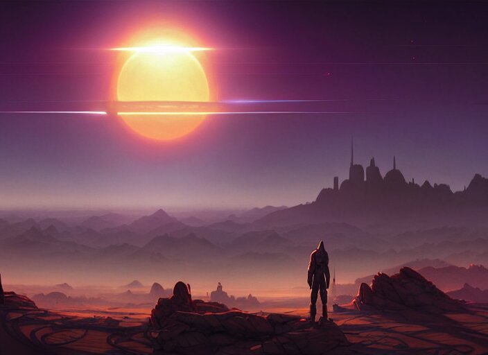 science fiction wallpaper, pc game, point - and - click adventure, daedalic entertainment, desert with city in the skyline, two suns, purple orange colors, sharp focus, illustration, highly detailed, digital painting, concept art, matte, art by wlop and artgerm and greg rutkowski and alphonse mucha, masterpiece 