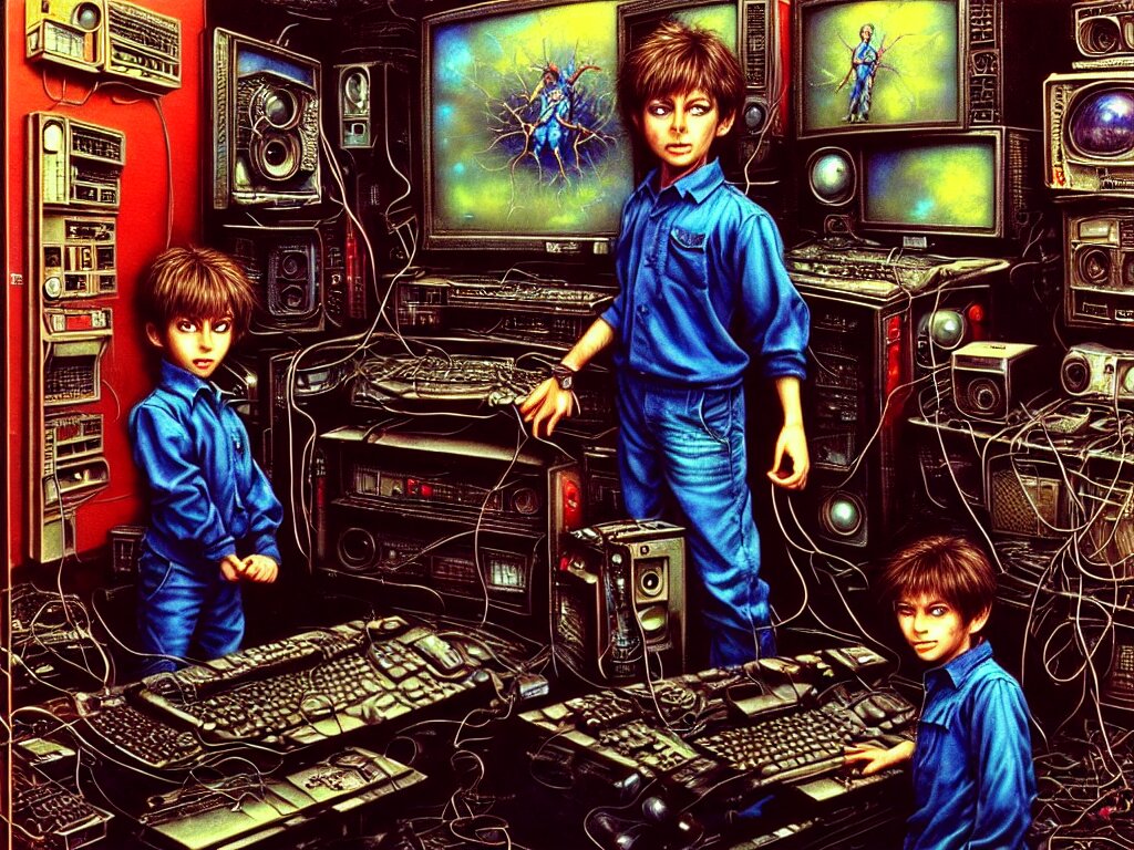 Three kids-scientists in chemical laboratory in cyberpunk style do experiment