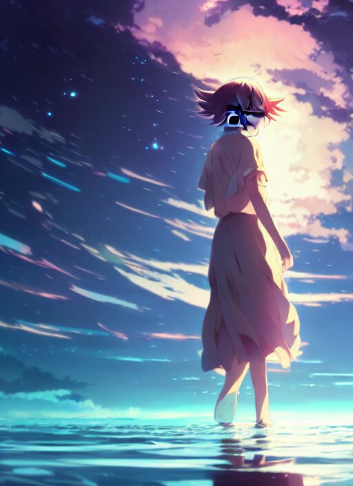 anime girl walking on water, ripples, backdrop of dawn, saturn in the background, illustration, concept art, anime, key visual, trending pixiv fanbox by wlop and greg rutkowski and makoto shinkai and mamoru hosada and studio ghibli 