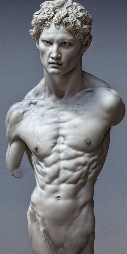 a beautiful realistic sculpture made out of marble of a greek god!!! different realm, cinematic, dark fantasy, acrylic palette knife, high detail, hyper realism, ray tracing, 4 k resolution, 8 k resolution, full hd, neon, realistic painting by junji ito, laurie lipton and michael whelan, michelangelo