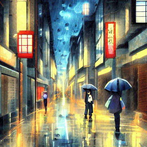 a rainy city street in the style of japanese animation, trending on pixiv 