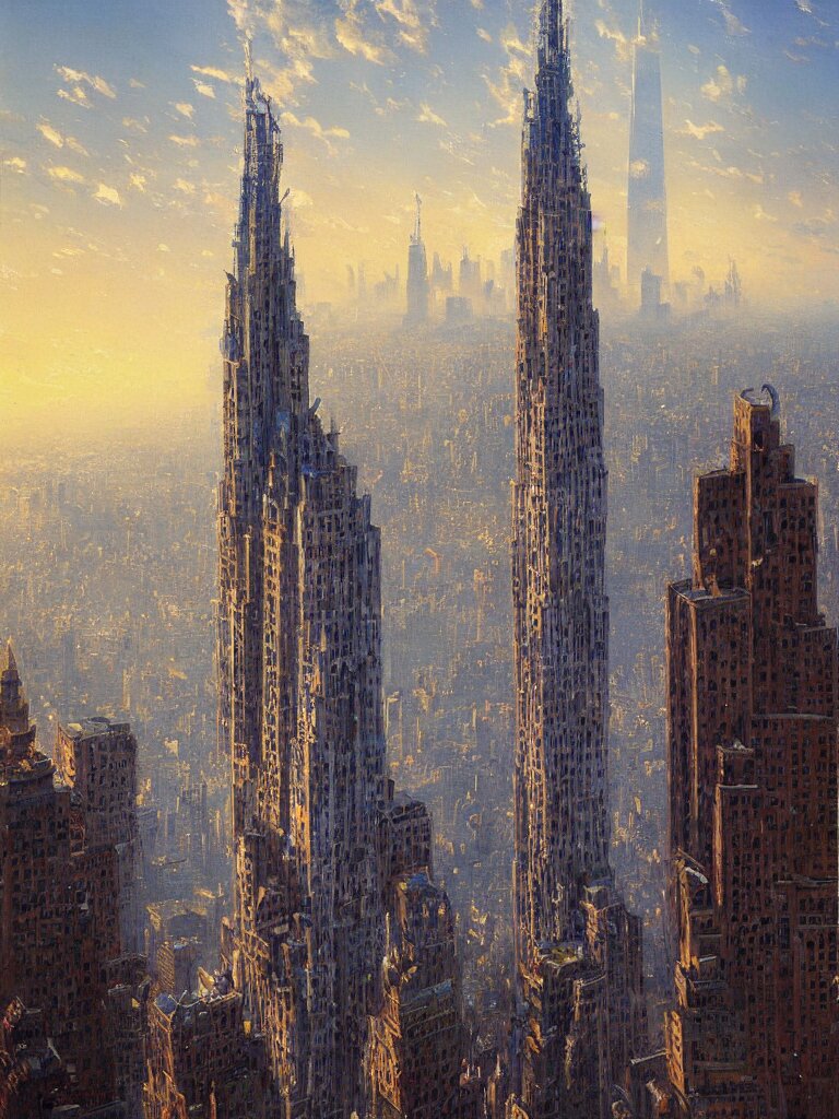 A painting of a skyscraper by Antoni Gaudí, in the New York City, by greg rutkowski and thomas kinkade