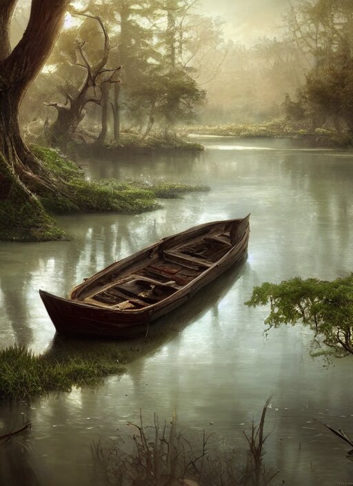 painting of boat in swamp with fog bank in distance. Add some fog bank in the distance