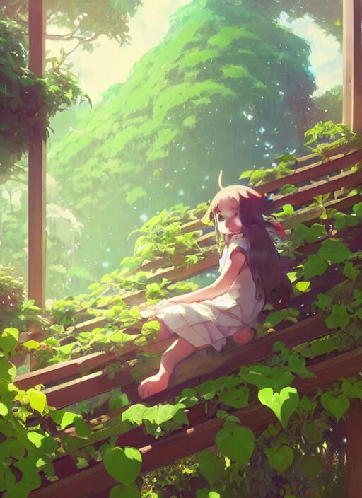 girl sitting on a stair under a vine rack, many green plant and flower gowing on it, illustration concept art anime key visual trending pixiv fanbox by wlop and greg rutkowski and makoto shinkai and studio ghibli 