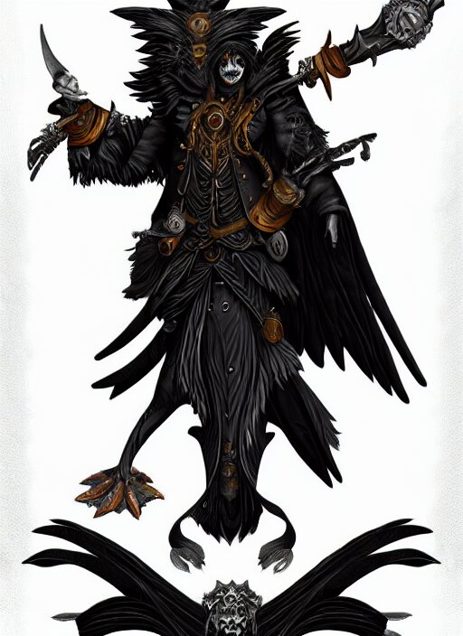 Raven Warlock, Wind Magic, Detailed Exterior, with Black Beard and White Background by Studio Multi. Add an extra Raven.