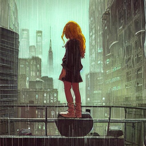 “ a girl on a ledge overlooking futuristic new york city, ghostpunk, heavy rain, high detail, by moebius ” 