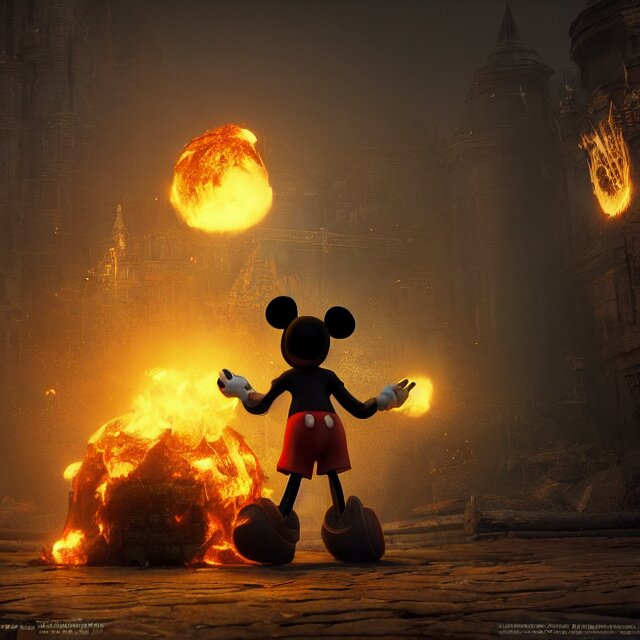 mickey mouse reimagined as a monster boss in dark souls, dark cinematic, volumetric, realistic, cinematic lighting, ray tracing, unreal engine 5, unreal engine render, octane render, hyper realistic, photo, 8 k