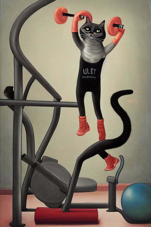 anthro cat working out in the gym, ultrafine detailed painting by mark ryden, trending on deviantart, pop surrealism, whimsical, lowbrow, grotesque. add intense muscles, veins popping, sweat dripping and a ripped workout shirt.