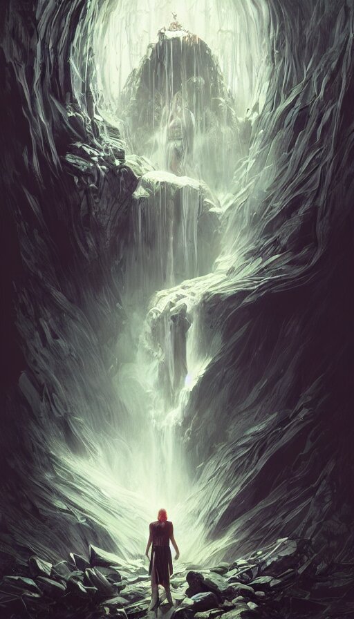 Crying turns into a waterfall and the eyes stay wide open, Fame of thrones and lord of daggers, neon, fibonacci, sweat drops, and insane. In intricate detail, the painting is highly detailed, with a smooth focus and sharp focus. It is also digital and done on artstation. turn eyes into tears and add a waterfall in the background