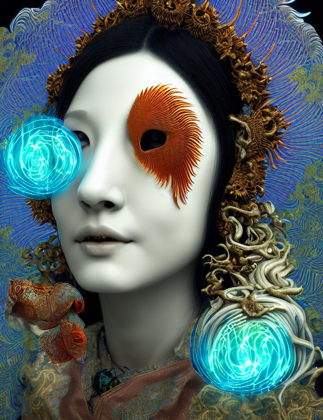 a dreaming woman's face with a blue eye. azure, organism, iris, eyelash, art, electric blue, symmetry, pattern, circle, visual arts, dreaming 
