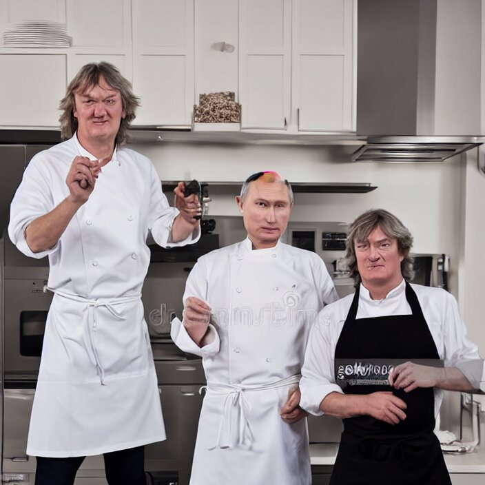 vladimir putin and james may in white apron in kitchen cooking dinner. stock photo, high key lighting, photograph vladimir putin and james may in white apron in kitchen cooking dinner. stock photo, high key lighting, photograph