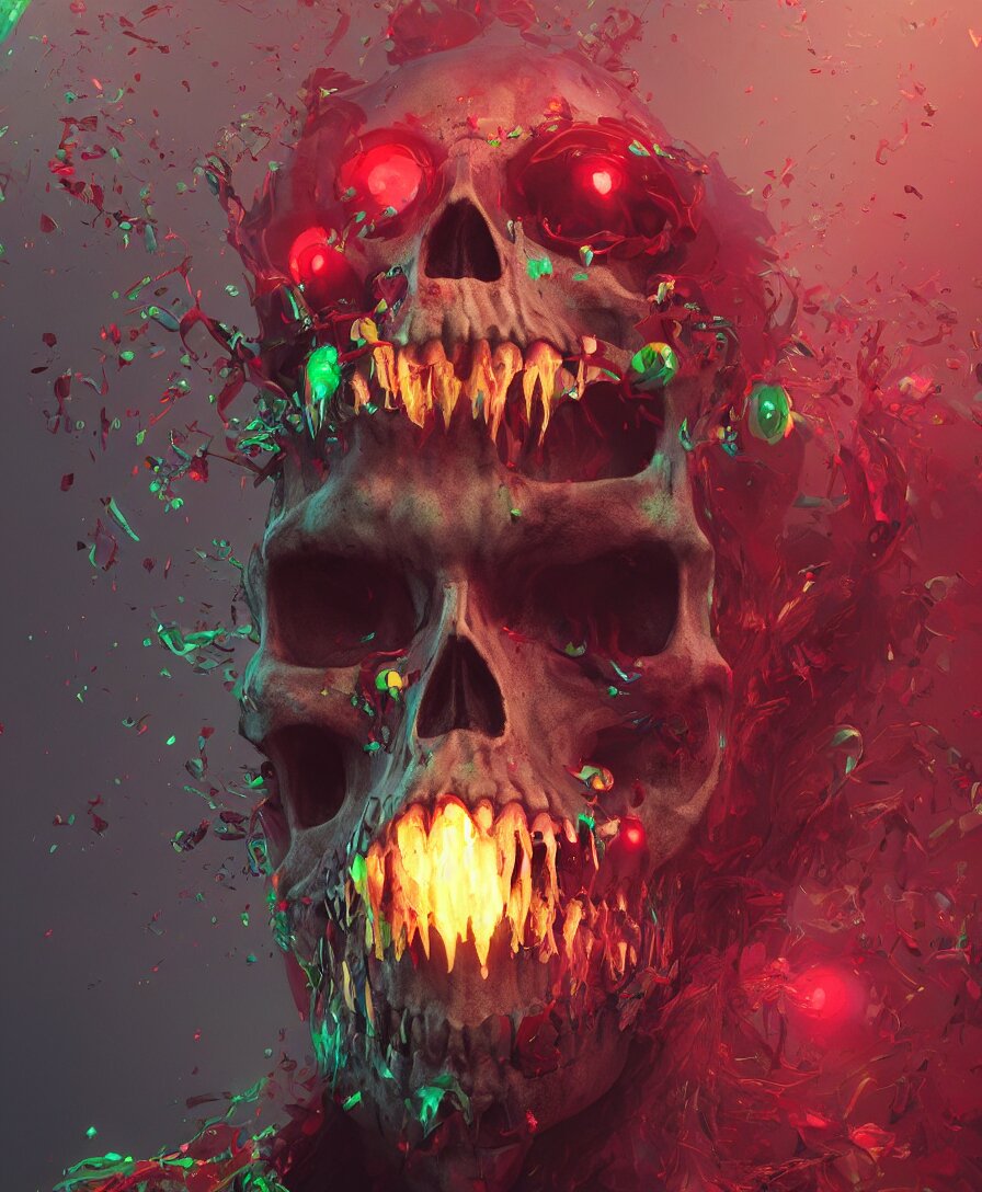 SKULL CLOWN, HIGH DETAIL, DEVIANTART, ARTSTATION, OCTANE RENDER, CINEMATIC, HOPPER REALISM, 8K, DEPTH OF FIELD, ART BY TOOTH WU AND WLOP AND BEEPLE AND DAN MUMFORD AND GREG RUTKOWSKI. Remove the red and green bands, and turn the gradient purple