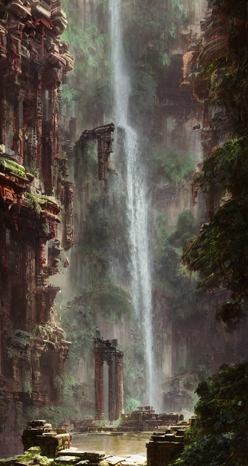 ancient temple ruins interior, waterfall, intricate, elegant, vivid colors, highly detailed, john park, craig mullins, sparth, ruan jia, jeffrey catherine jones Add some fog