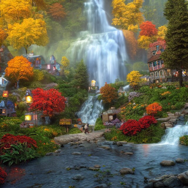 Woodstock Vermont - fantasy street with a waterfall built on a hill, many shops on street, chimneys on buildings, large fall mountain in background with a waterfall, pumpkin people walking, fall foliage, over the garden wall, Thomas Kinkade, light cinematic, otherworldly, volumetric, realistic, cinematic lighting, ray tracing, unreal engine 5, unreal engine render, oct. Add sunlight shining from a window in the background